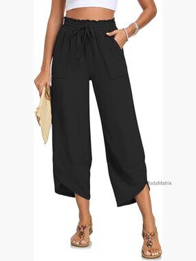 High Waist Wide Leg Cropped Pants with Pockets